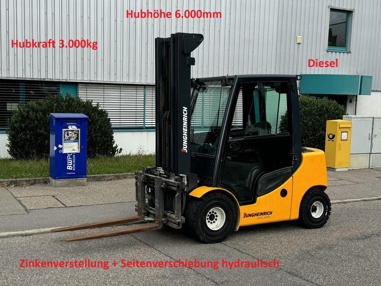 Jungheinrich DFG 430s 600DZ 3t Triplex 6m Zinkenverst. Seiten - Carretilla elevadora diésel: foto 1 Jungheinrich DFG 430s 600DZ 3t Triplex 6m Zinkenverst. Seiten - Carretilla elevadora diésel: foto 1
