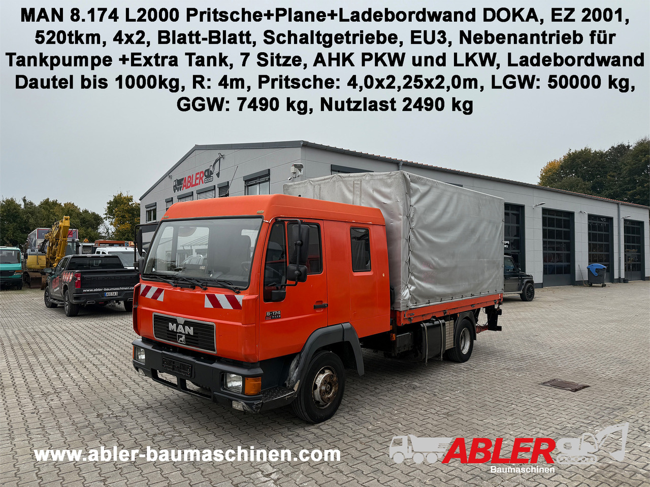 MAN 8.174 Pritsche+Plane+Ladebordwand DOKA L2000 - Camión lona: foto 1 MAN 8.174 Pritsche+Plane+Ladebordwand DOKA L2000 - Camión lona: foto 1