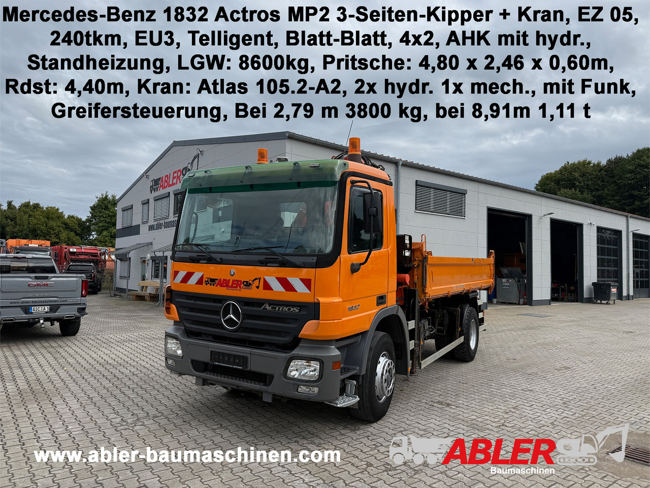 Mercedes-Benz 1832 Actros MP2 3-Seiten-Kipper mit Kran + Funk - Camión volquete, Camión grúa: foto 1 Mercedes-Benz 1832 Actros MP2 3-Seiten-Kipper mit Kran + Funk - Camión volquete, Camión grúa: foto 1