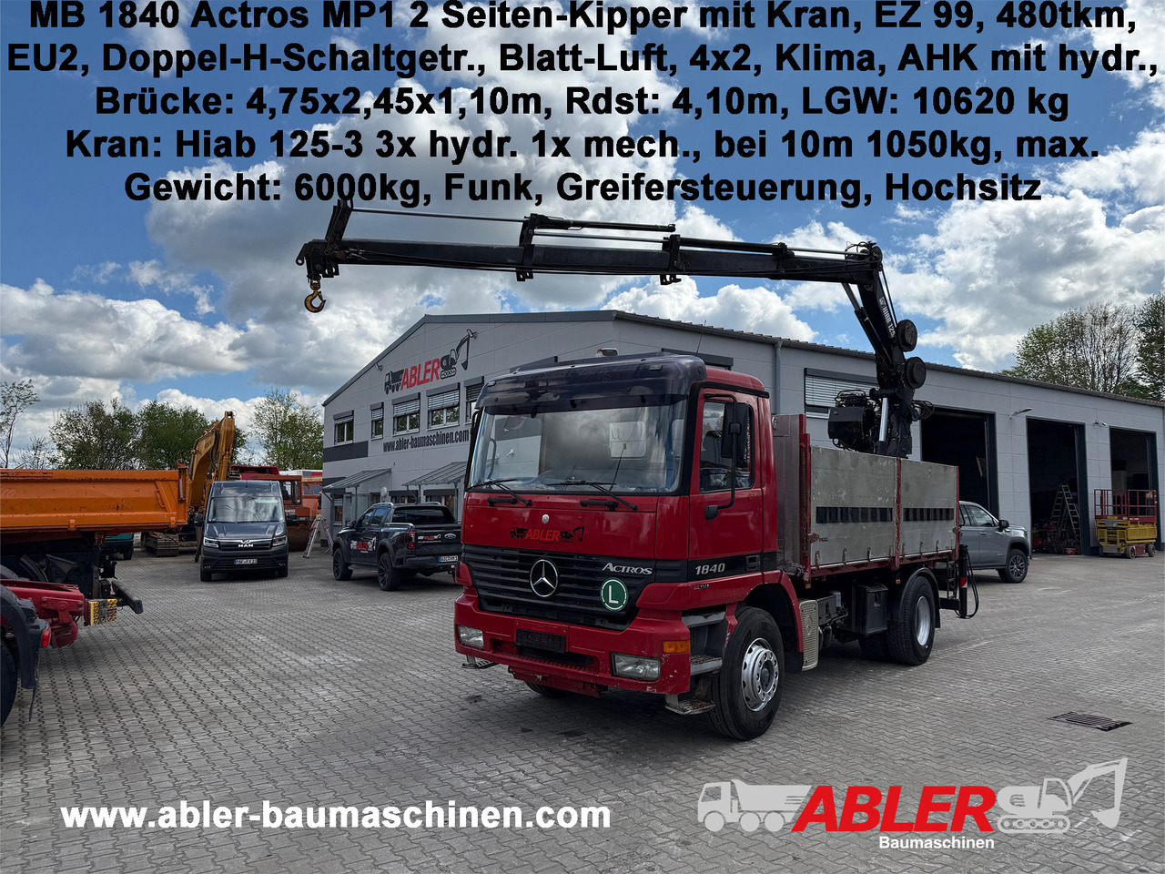 Mercedes-Benz 1840 Actros 2-Seiten-Kipper mit Kran Hiab 125-3 mit Funk - Camión caja abierta, Camión grúa: foto 1 Mercedes-Benz 1840 Actros 2-Seiten-Kipper mit Kran Hiab 125-3 mit Funk - Camión caja abierta, Camión grúa: foto 1