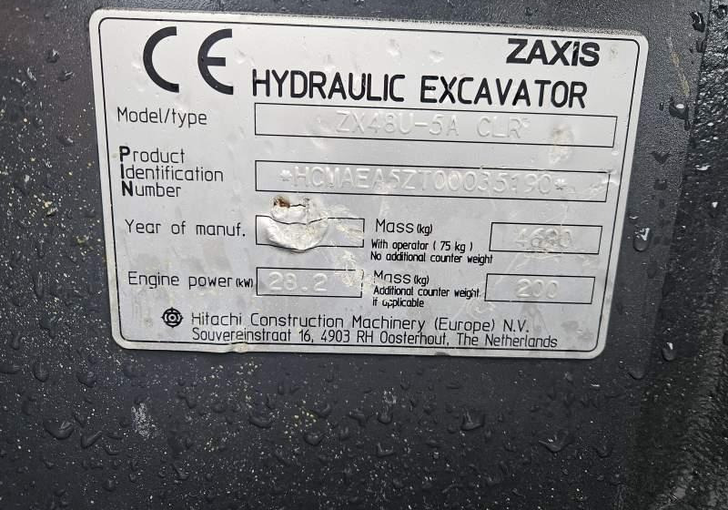 Excavadora de cadenas Hitachi ZX48U-5A CLR / 3 ŁYŻKI / SPROWADZONA / 2 300 MTH: foto 19 Excavadora de cadenas Hitachi ZX48U-5A CLR / 3 ŁYŻKI / SPROWADZONA / 2 300 MTH: foto 19