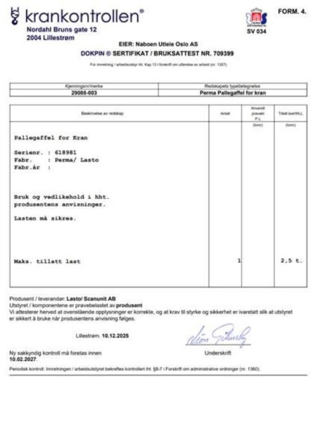 Pallegaffel 2,5t for kran - Implemento para Maquinaria de construcción: foto 3 Pallegaffel 2,5t for kran - Implemento para Maquinaria de construcción: foto 3