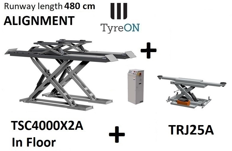 TSC4000X2A in floor alignment scissor lift 4000kg 4800mm + TRJ25A 2,5T air hydraulic axle jack - Equipo de taller: foto 1 TSC4000X2A in floor alignment scissor lift 4000kg 4800mm + TRJ25A 2,5T air hydraulic axle jack - Equipo de taller: foto 1