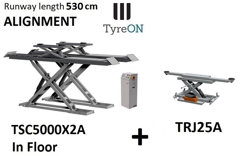 TSC5000X2A in floor alignment scissor lift 5000kg 5300mm + TRJ25A 2,5T air hydraulic axle jack - Equipo de taller: foto 1 TSC5000X2A in floor alignment scissor lift 5000kg 5300mm + TRJ25A 2,5T air hydraulic axle jack - Equipo de taller: foto 1