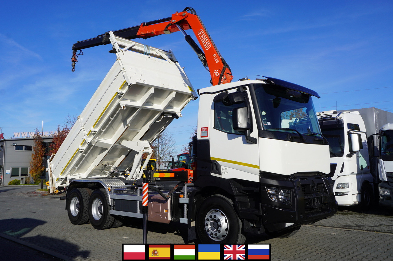 RENAULT C380 E6 6×4 / HDS Fassi F135 2700 MTH / Range 8 m / 5.6 t lifting capacity / 3-side tipper / Bortmatic - Camión grúa: foto 1 RENAULT C380 E6 6×4 / HDS Fassi F135 2700 MTH / Range 8 m / 5.6 t lifting capacity / 3-side tipper / Bortmatic - Camión grúa: foto 1