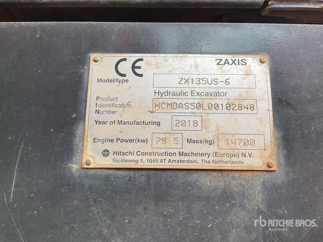 2018 Hitachi ZX135US-6 Tracked Excavator - Excavadora de cadenas: foto 3 2018 Hitachi ZX135US-6 Tracked Excavator - Excavadora de cadenas: foto 3
