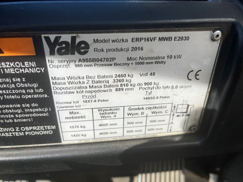 Carretilla elevadora eléctrica Yale ERP16VF heftruck ERP16VF triplo460 freelift SIDESHIFT 2016: foto 18