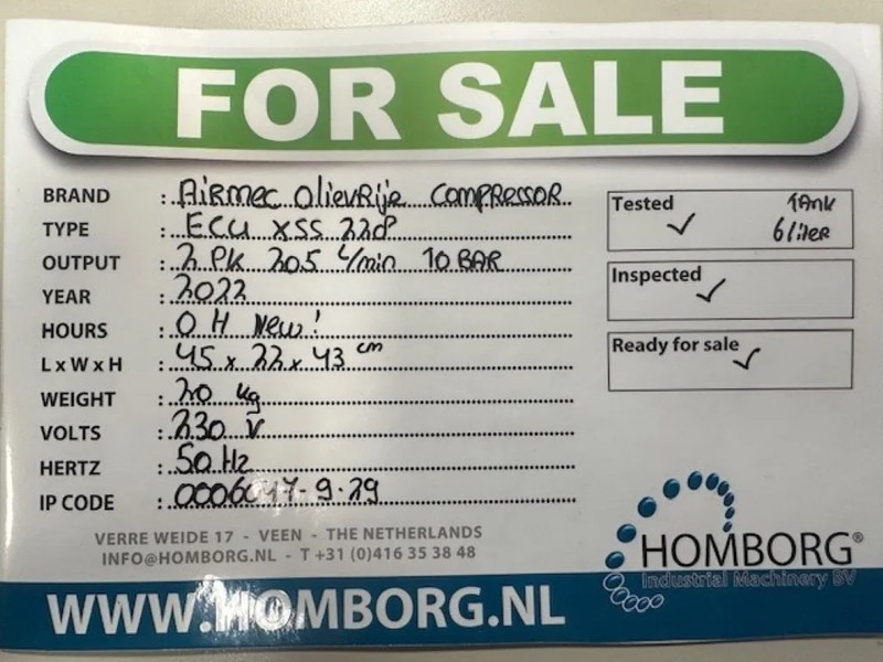 Compresor de aire nuevo Airmec ECU XSS 228 Olievrije Zuigercompressor 2 PK 205 L / min 10 Bar New: foto 12