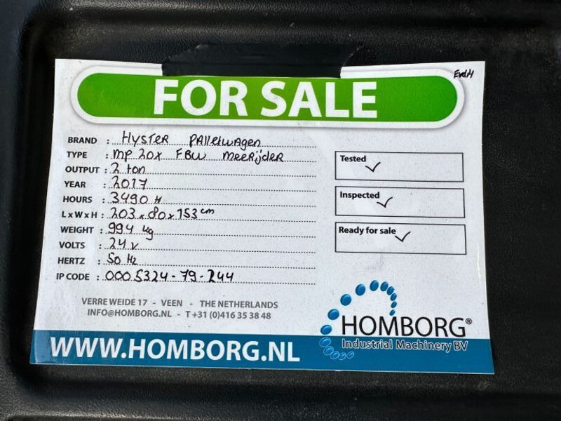Transpaleta Hyster MP20X FBW 2 ton Palletwagen Elektra Pallettruck Meerijder: foto 17